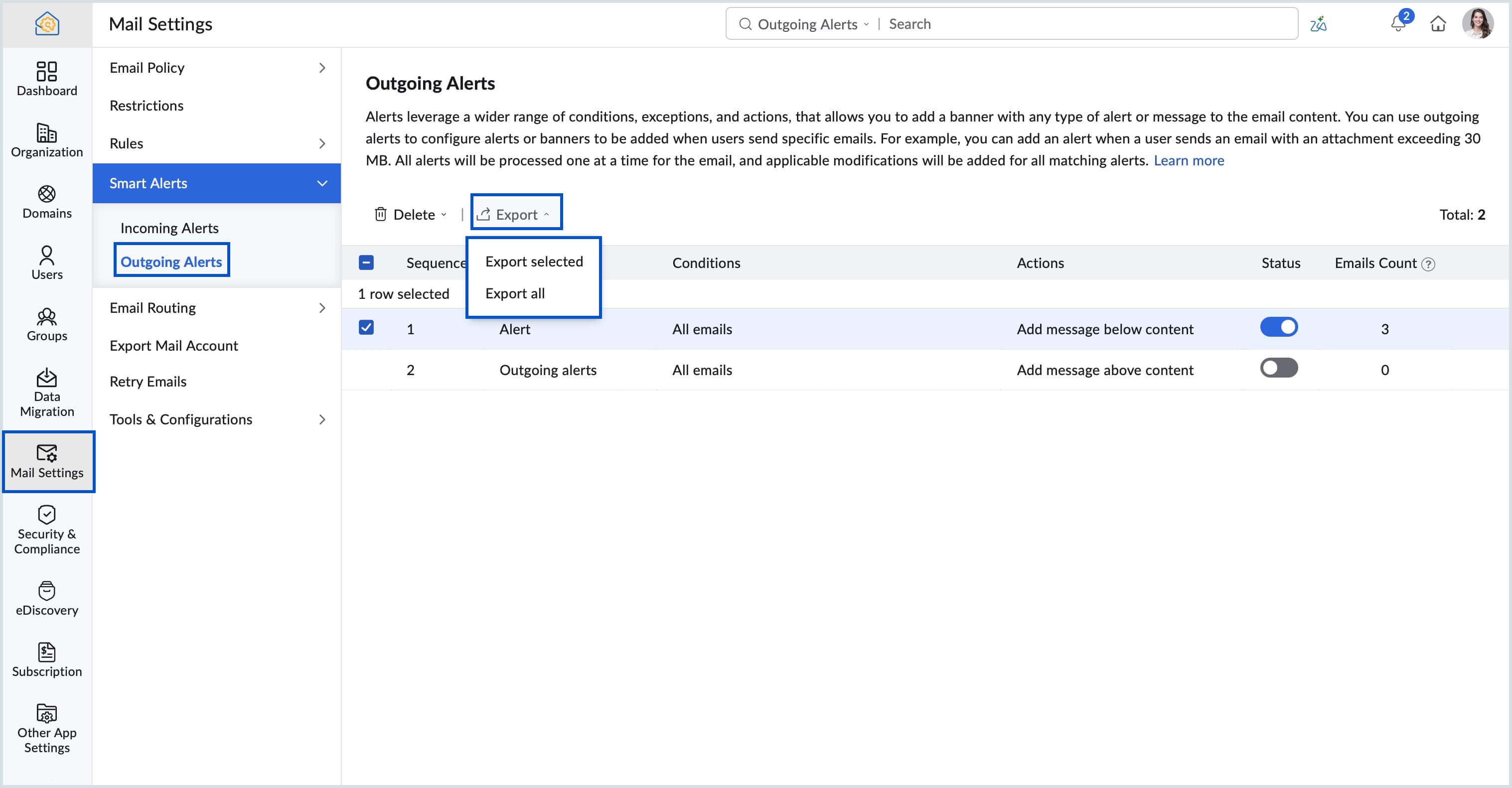export outgoing alerts