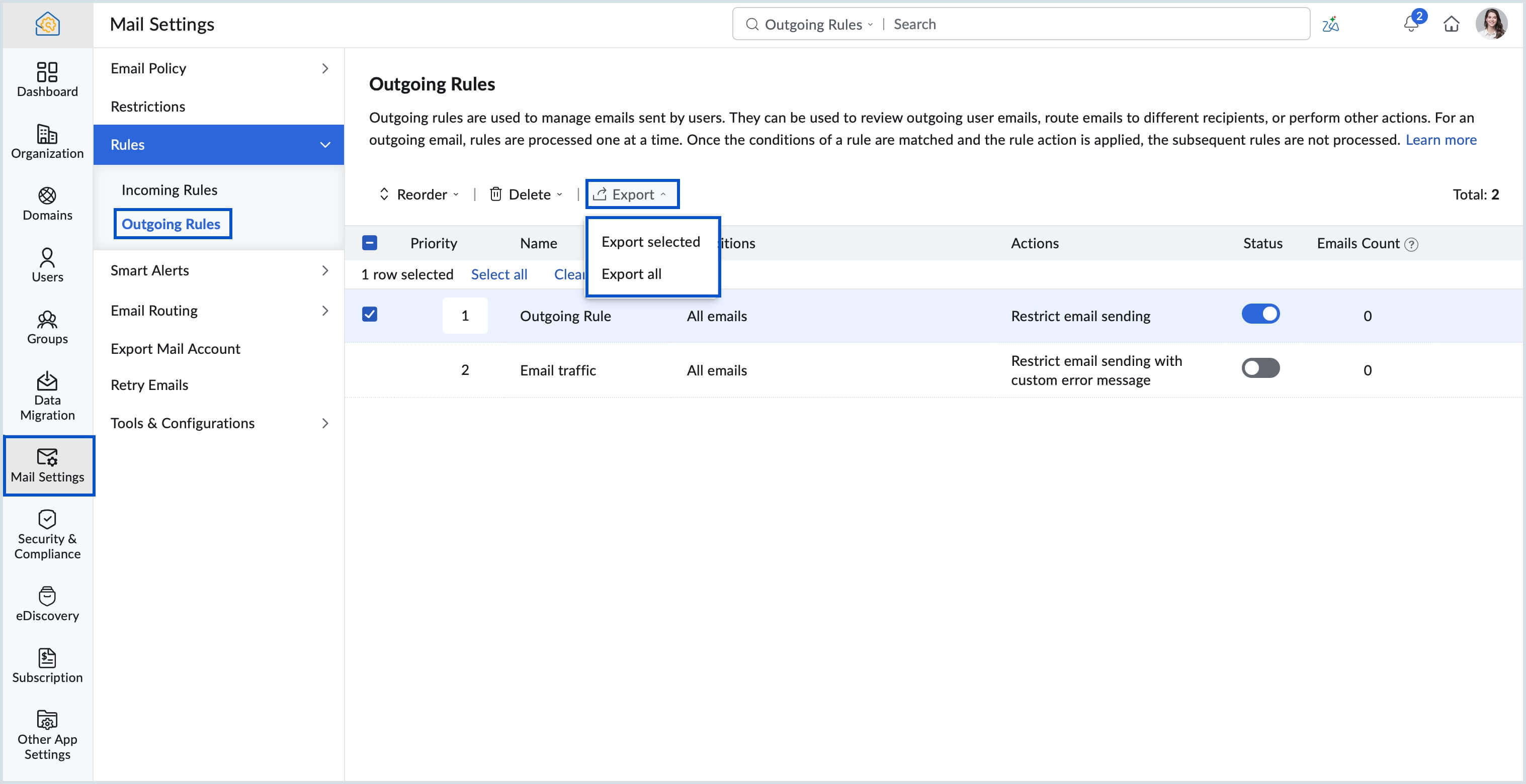 export outgoing rules