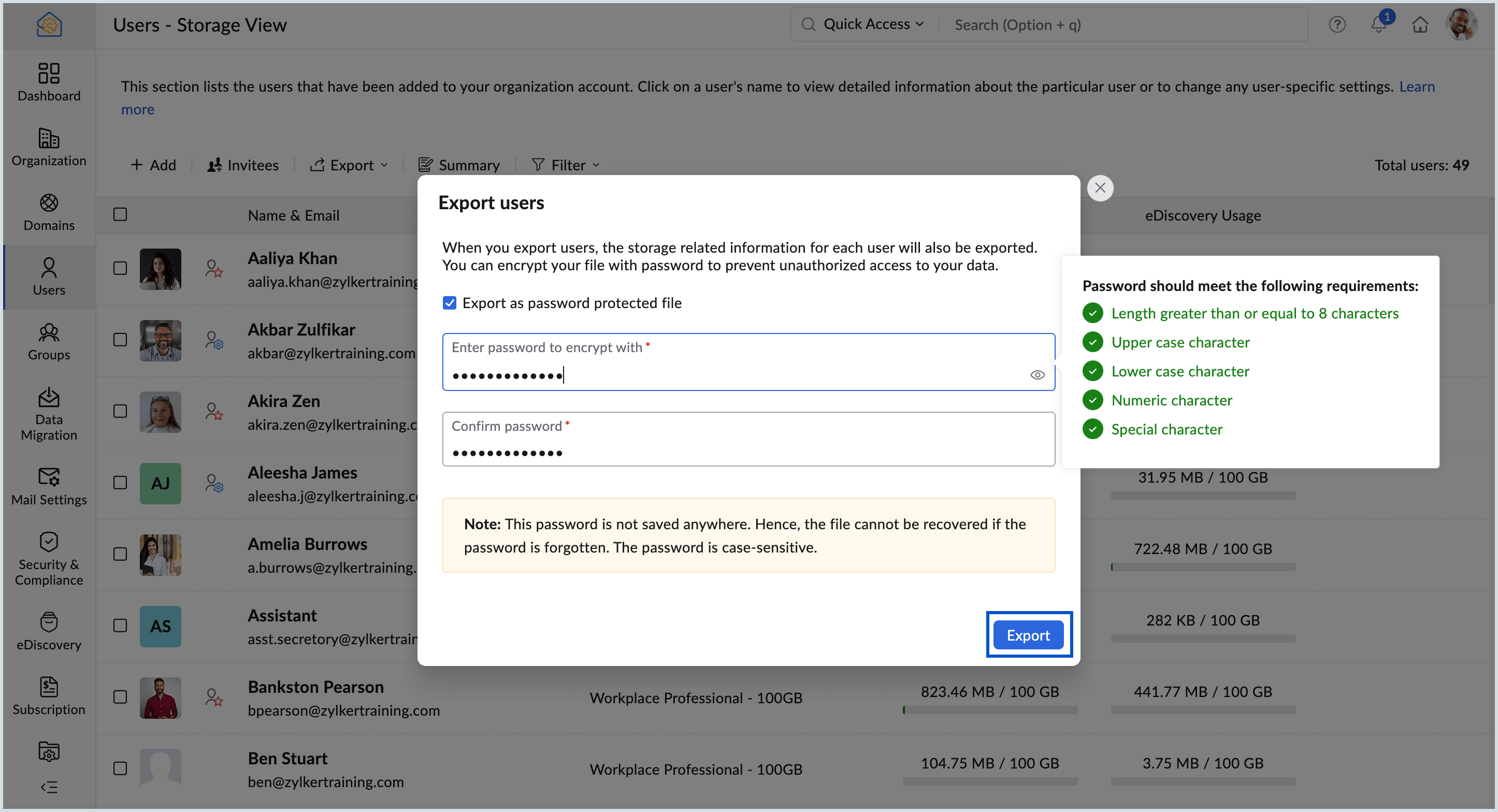 Export - Storage view