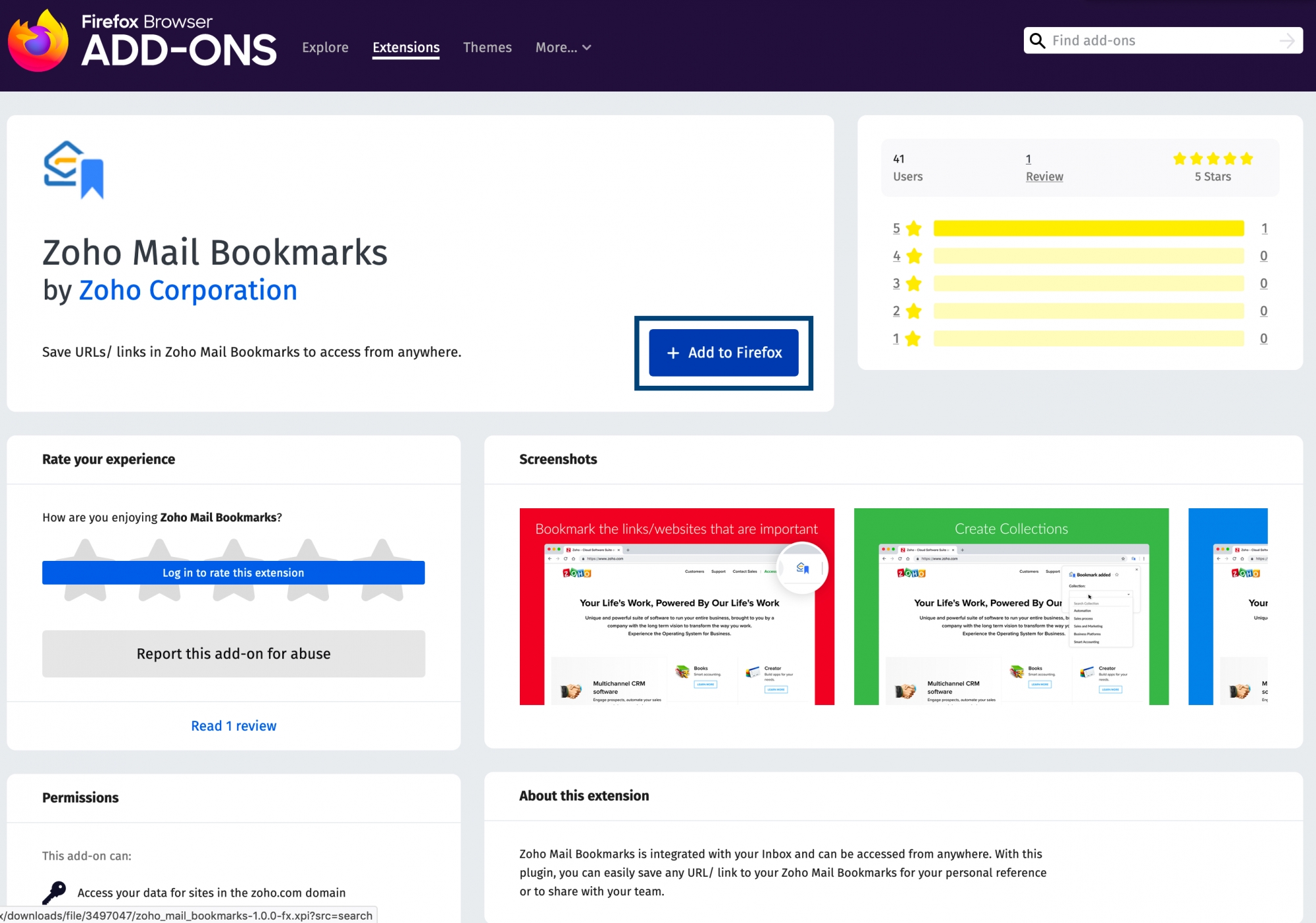 Firefox用のZoho Mail Bookmarks拡張機能