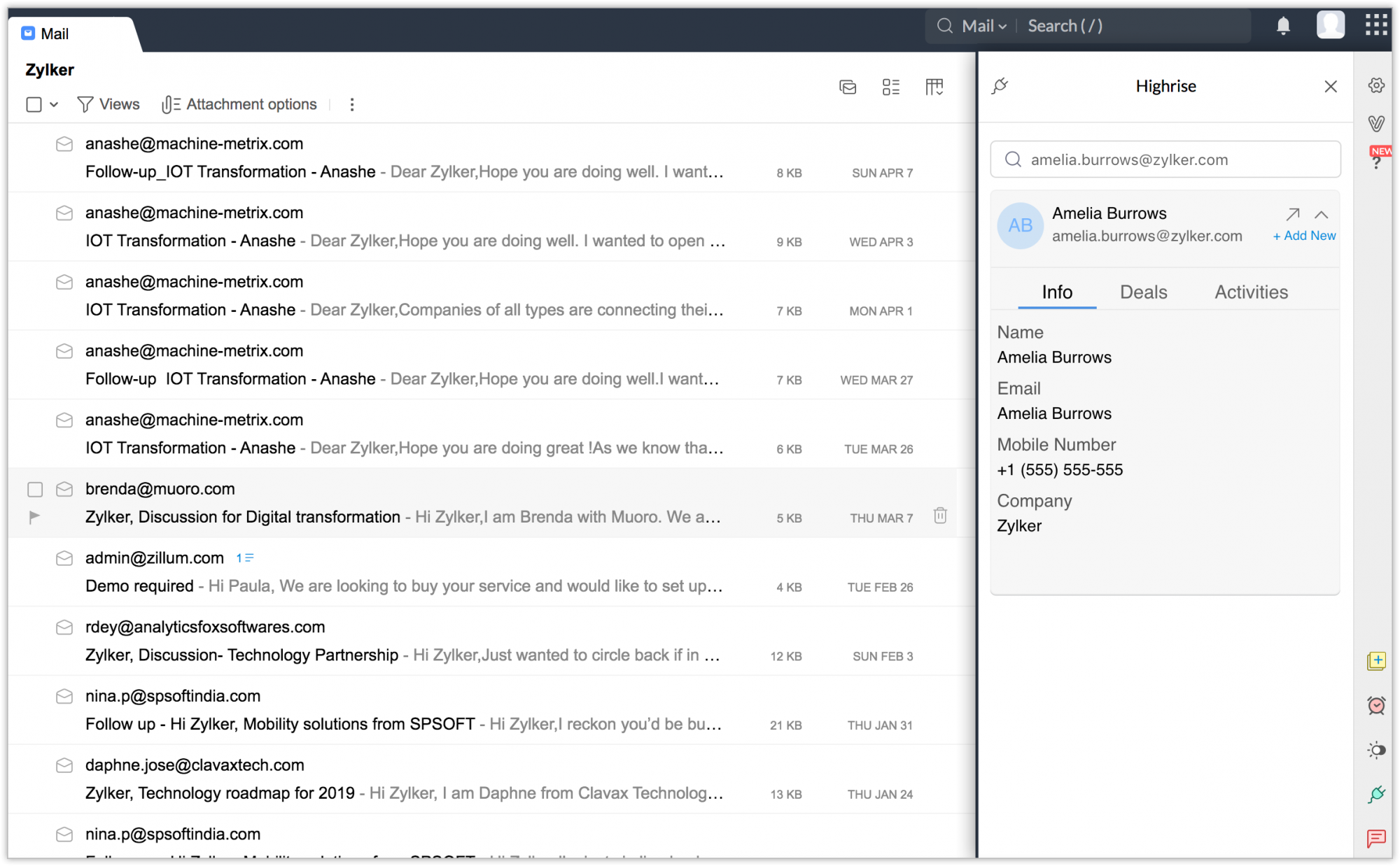 Zoho Mailの連絡先のHighrise情報
