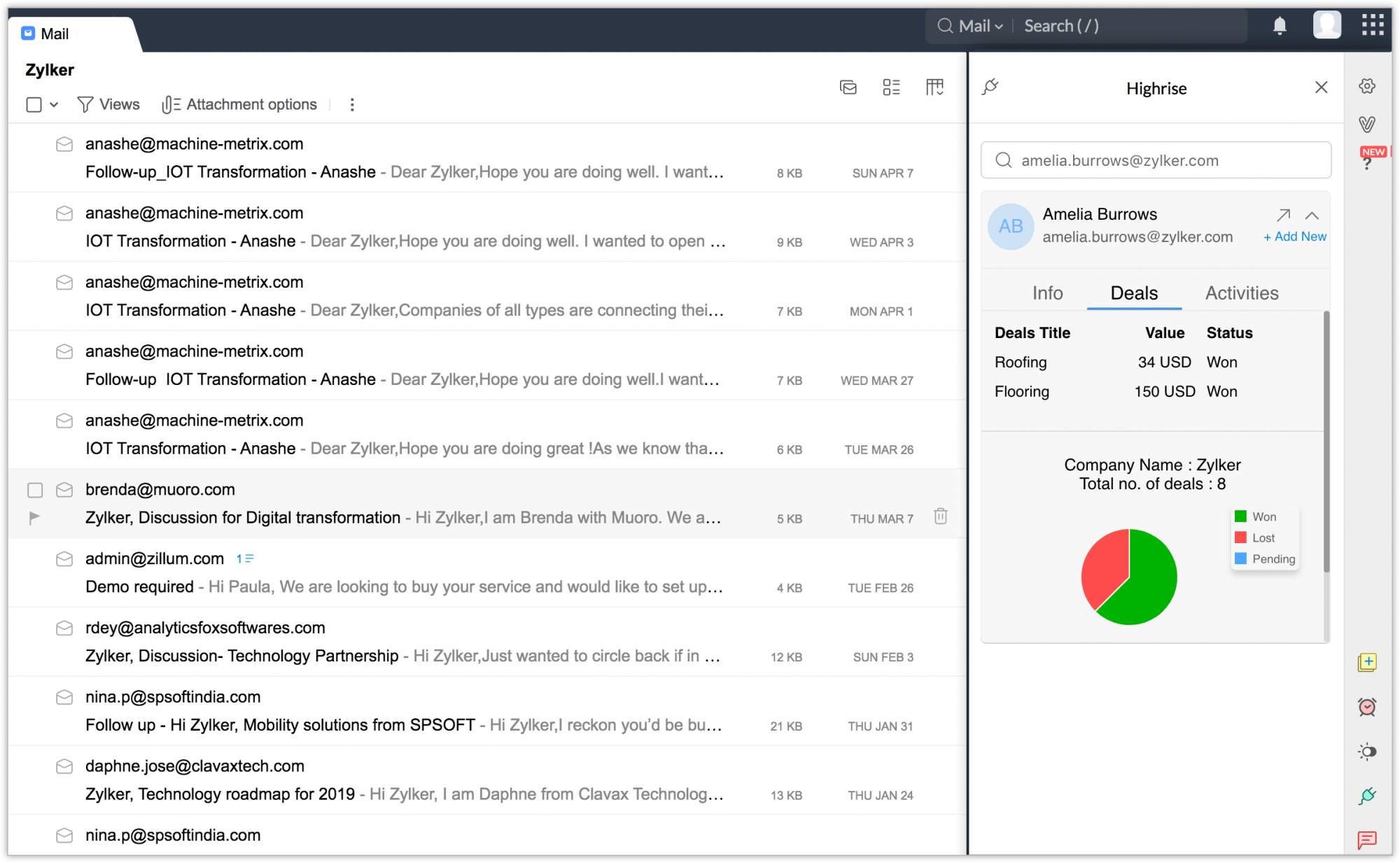 Highrise deals for a contact in Zoho Mail