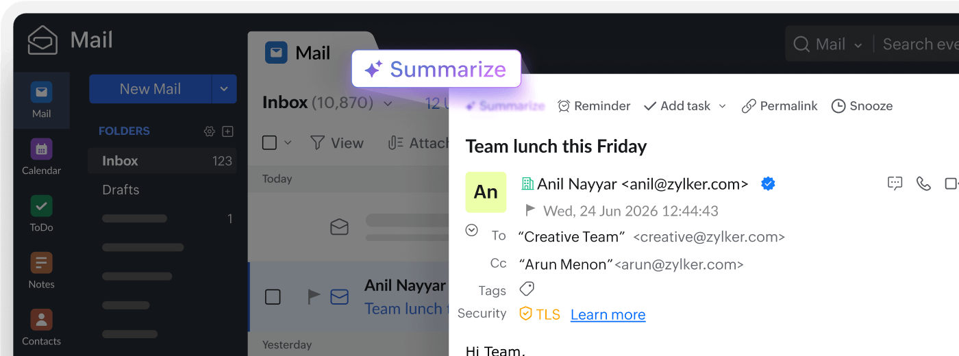 Zoho Mail AI assistant showing Summarize, Reminder, and Add task actions
