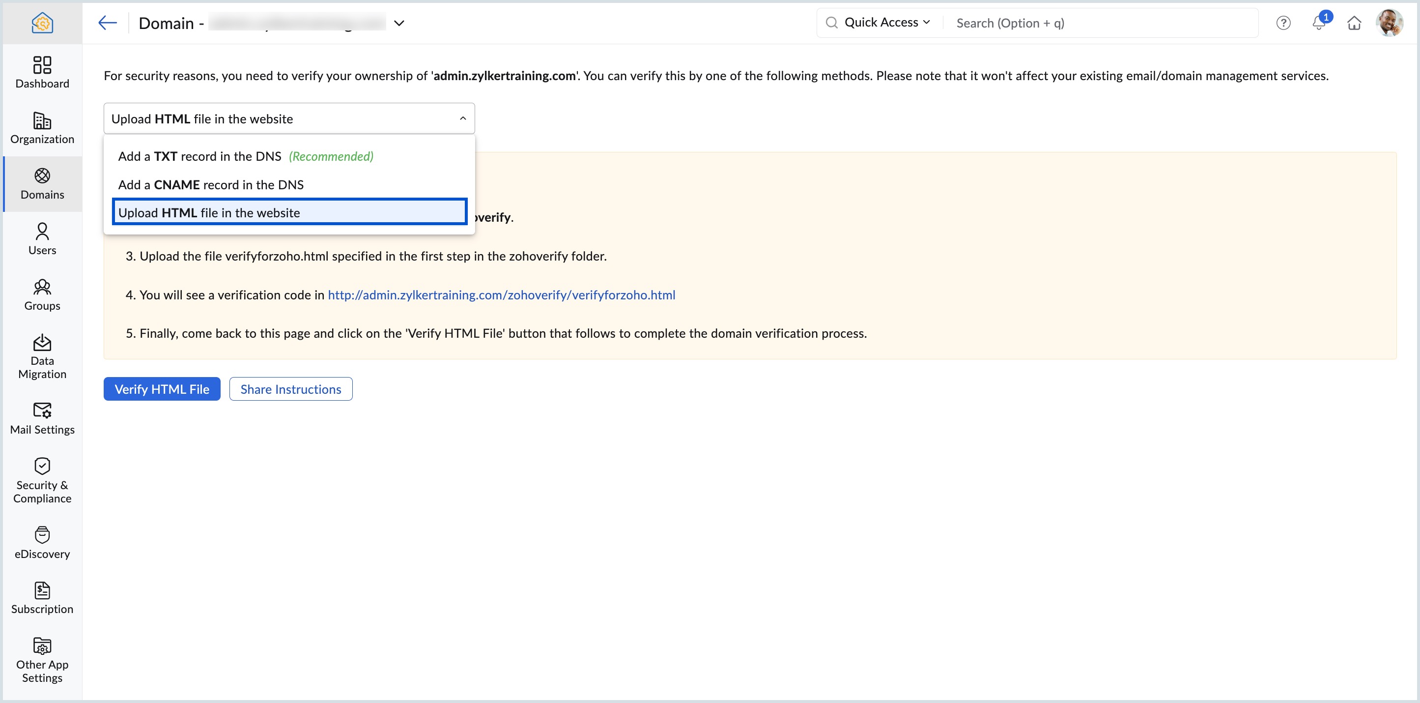 Domain Verification by HTML Method HTML method