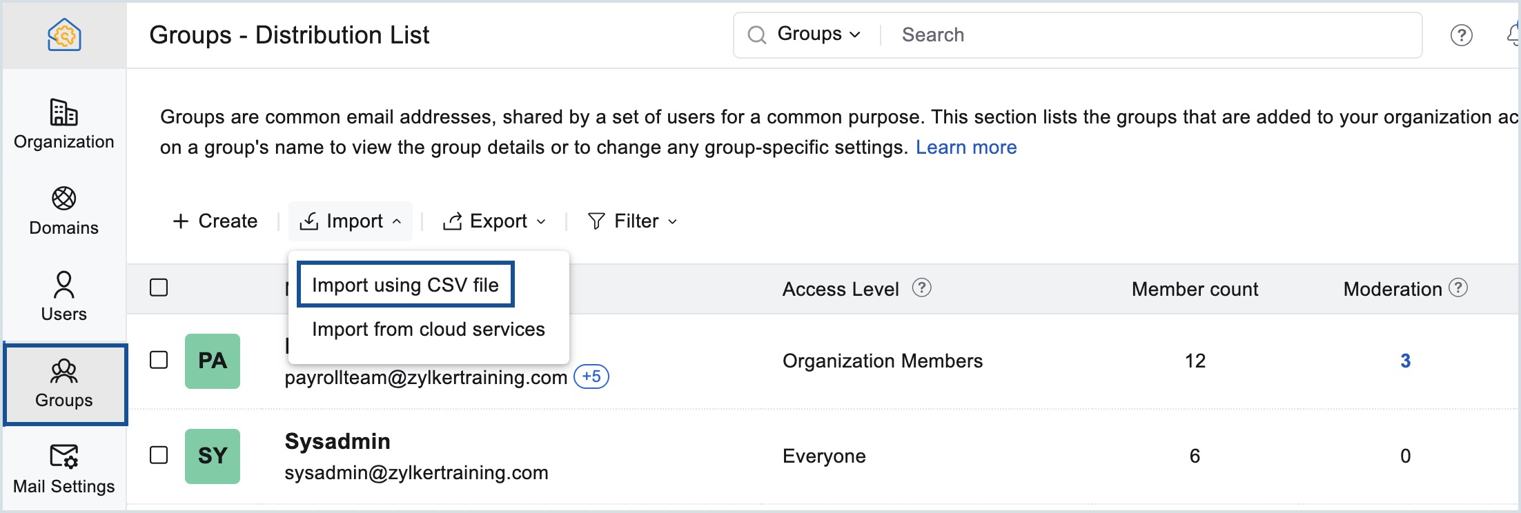import groups using CSV