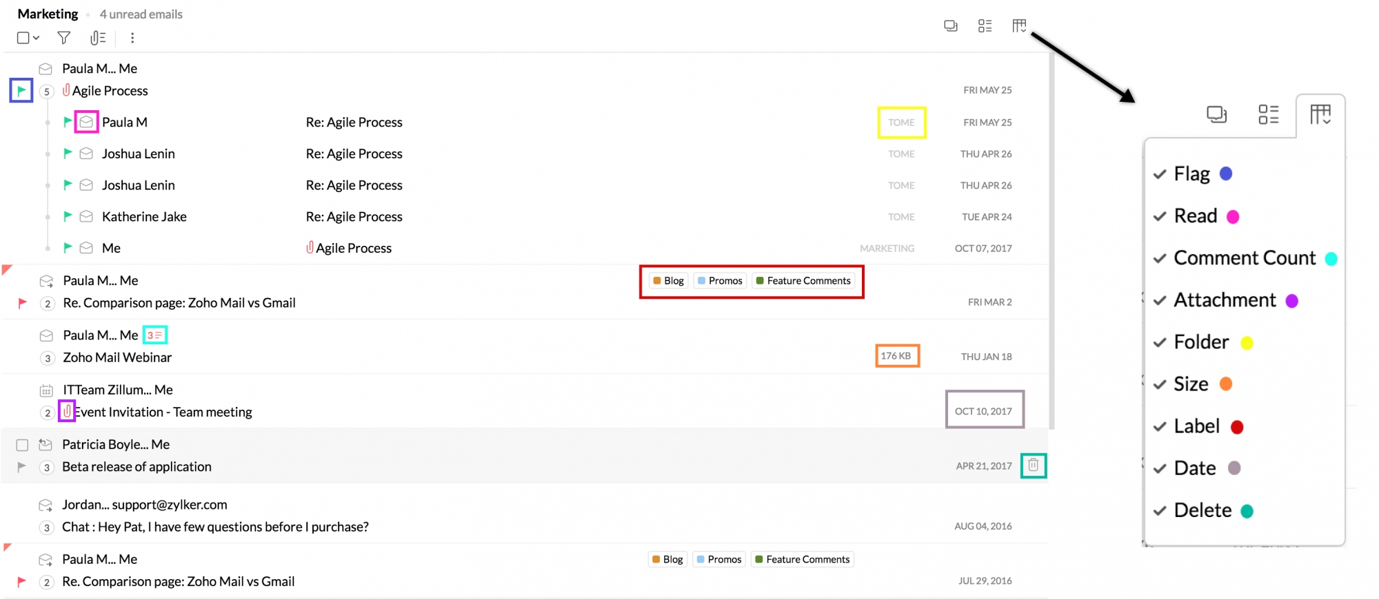 Personalización de las columnas de visualización del buzón