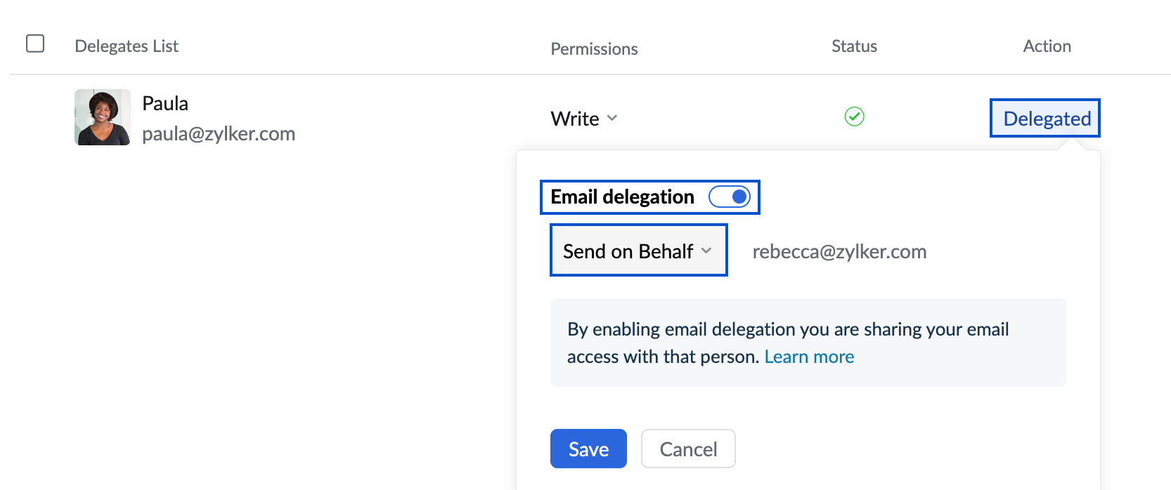 Cambiar permiso de delegación