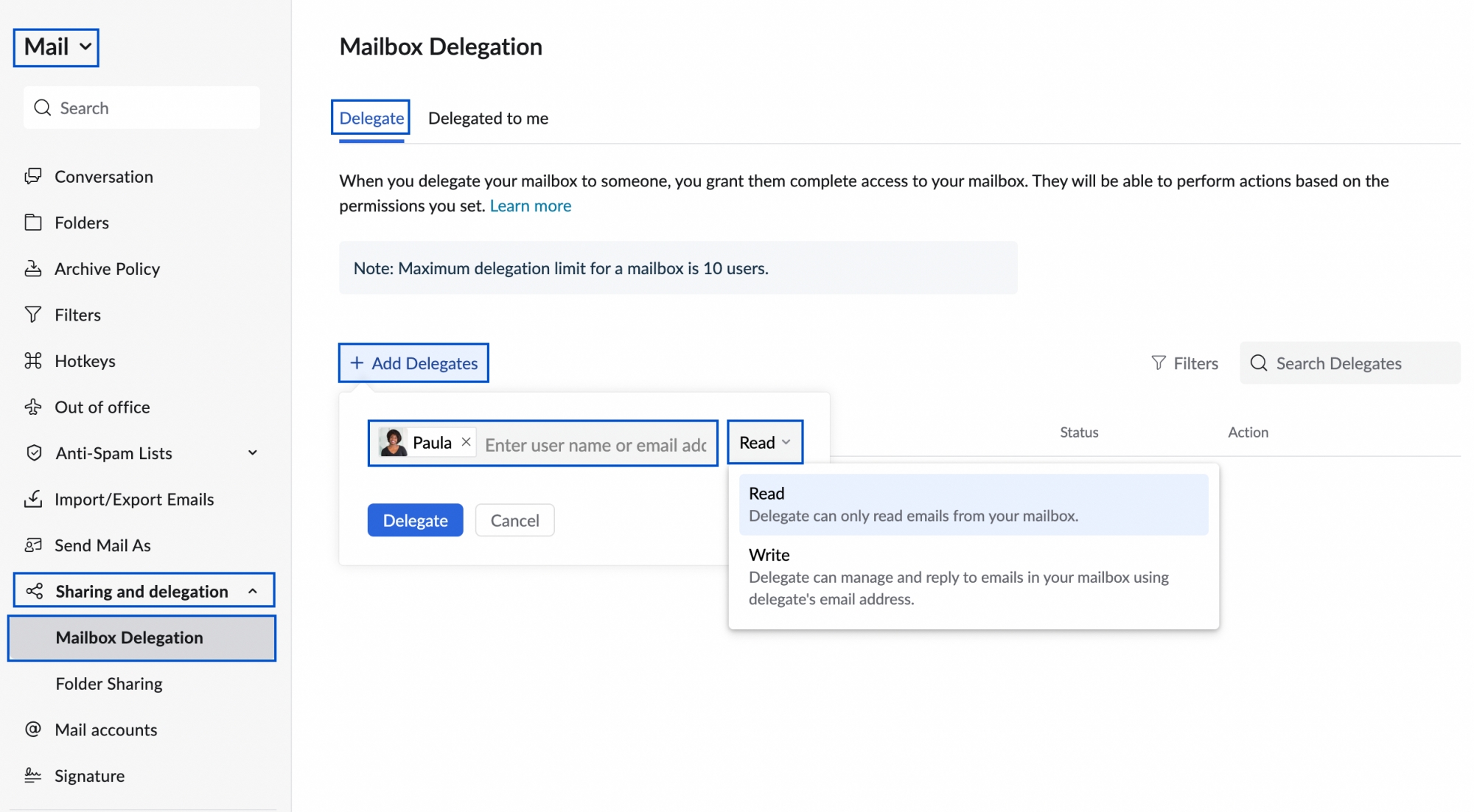 Delegación de buzón de correo