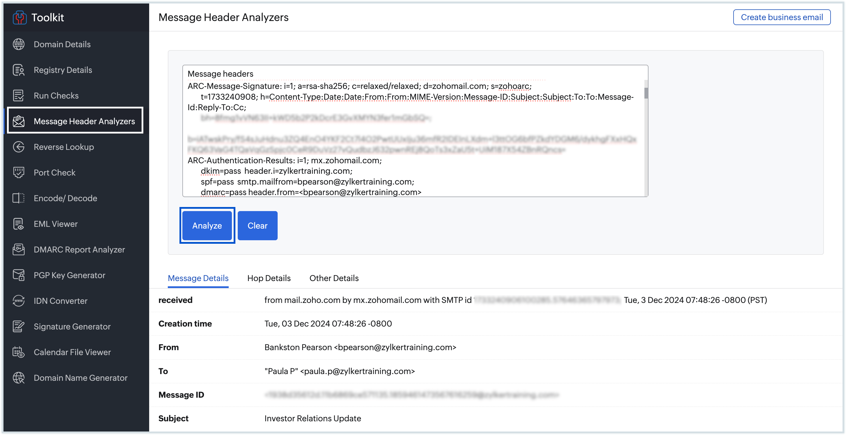 Message header analyser