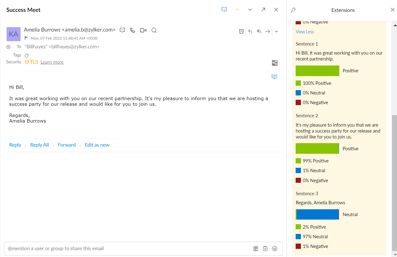 Microsoft sentiment analysis for Zoho Mail