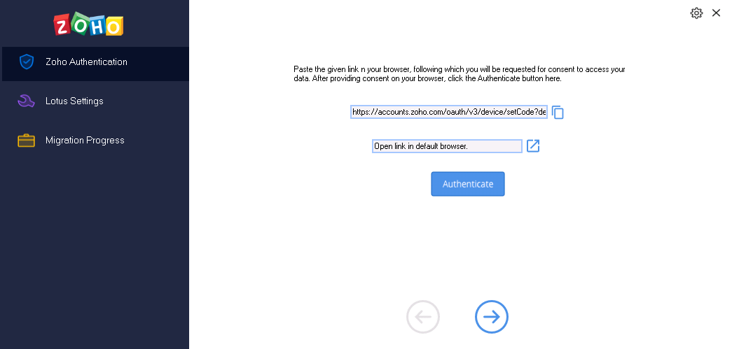 Zoho authentication page for lotus notes