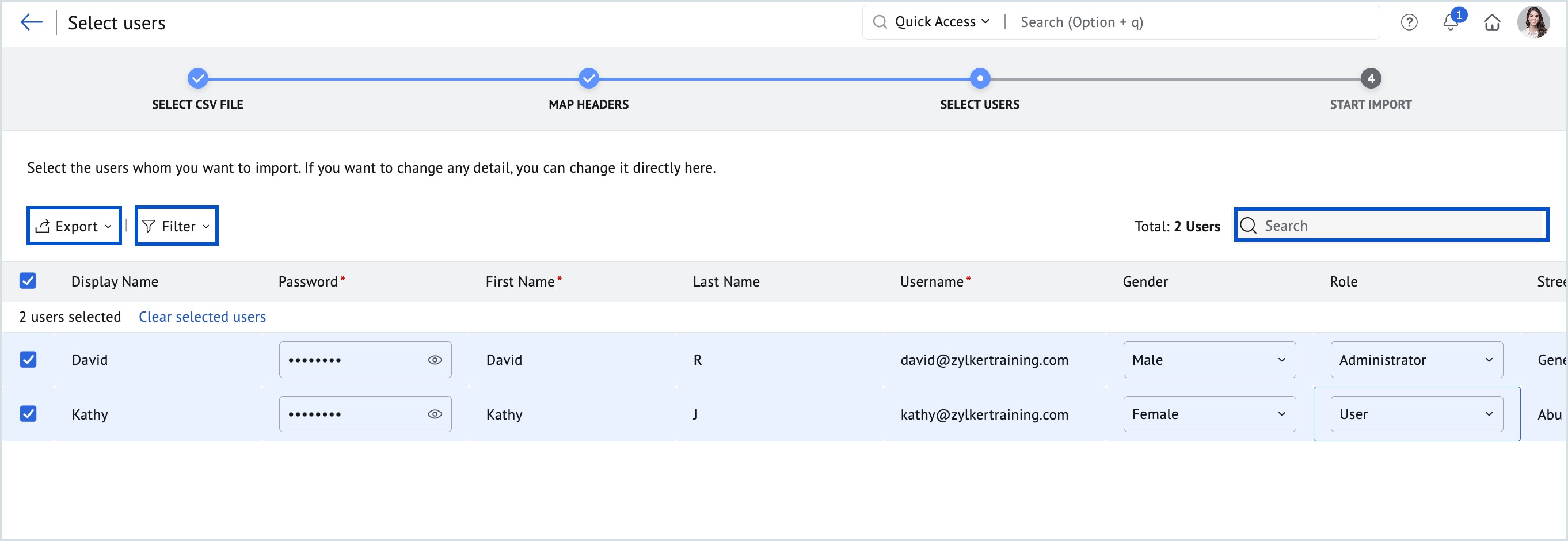 Managing users using Export, Filter, and Search options