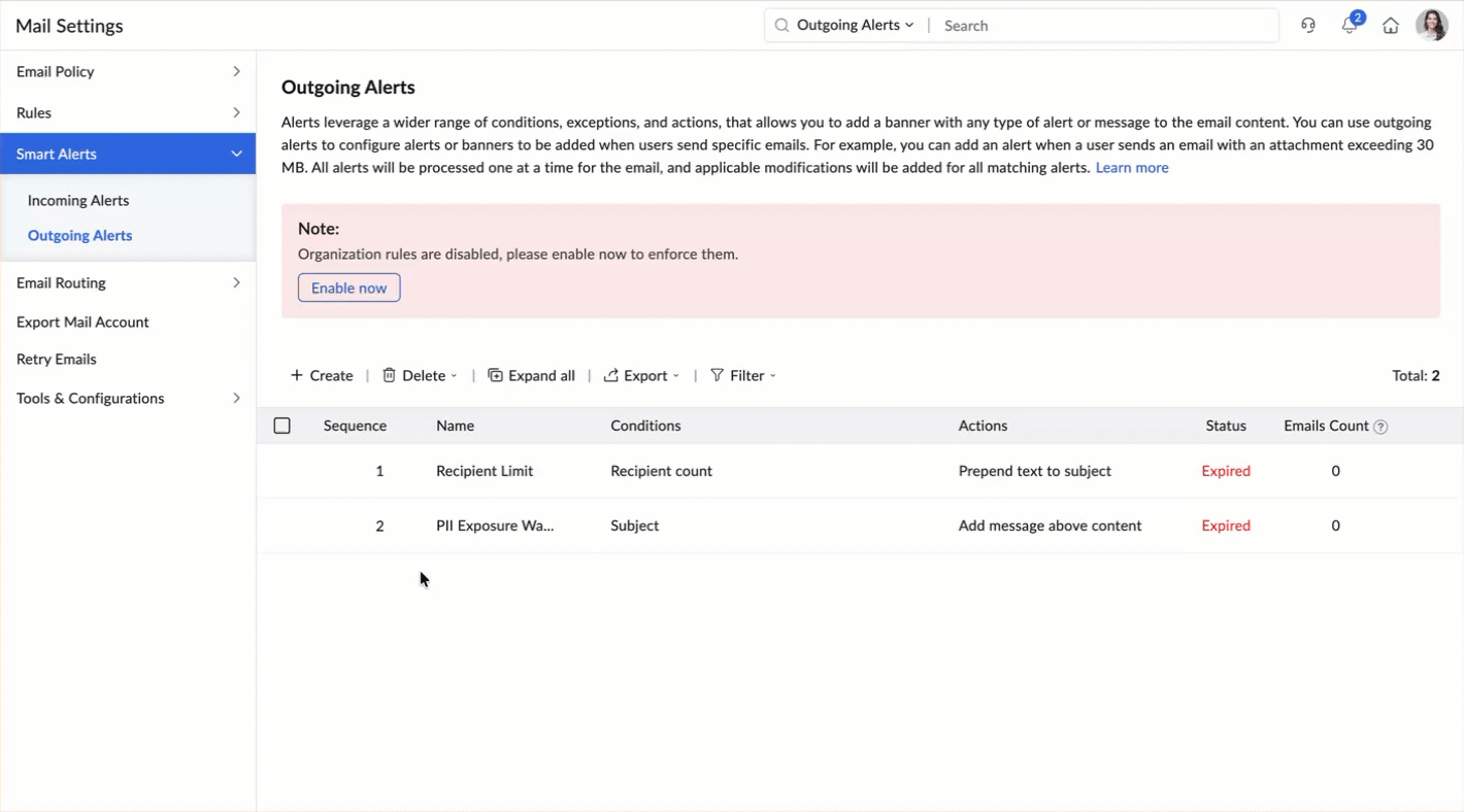 Outgoing alerts drag and drop