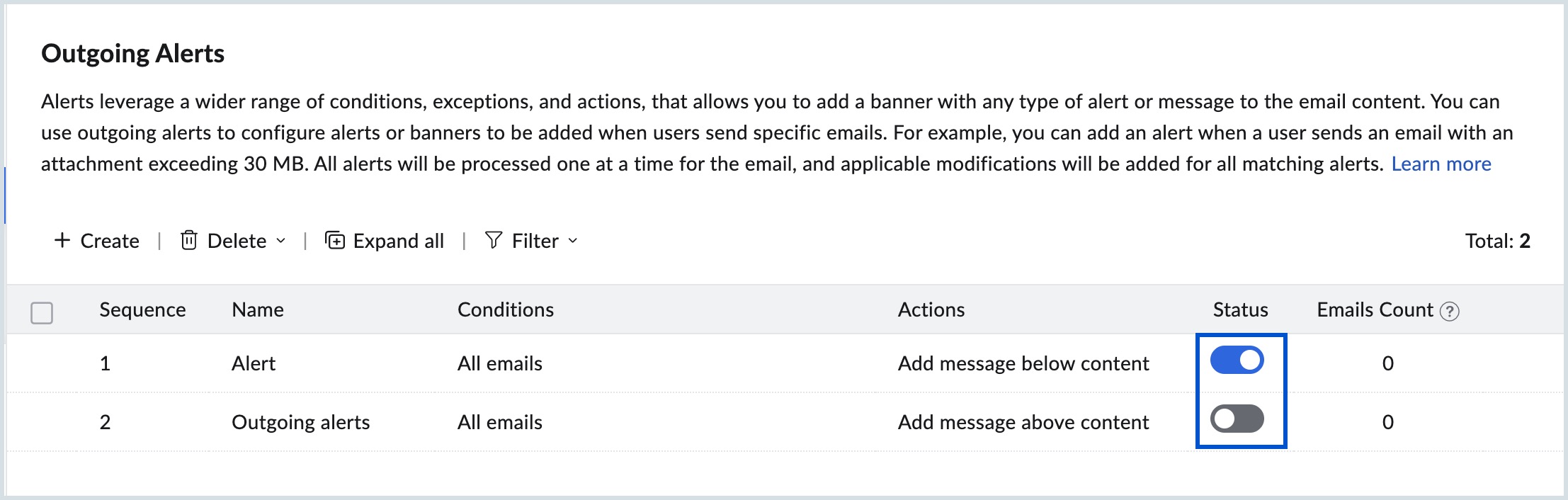 Enable or disable outgoing alerts