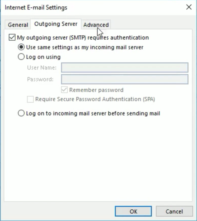Microsoft Outlook SMTP authentication
