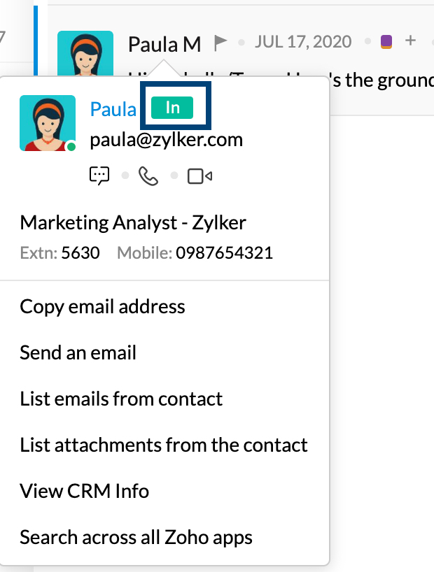 Checking attendance status of a colleague from email contact in Zoho Mail