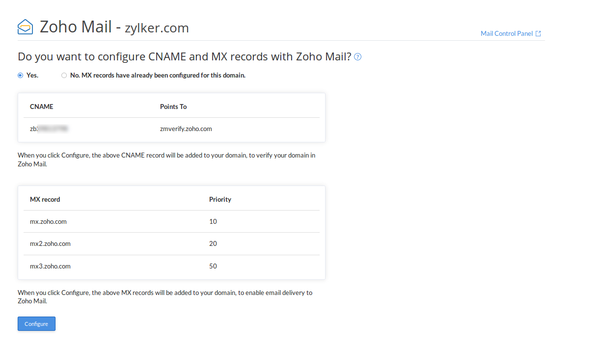 CNAME verification and MX configuration of your domain