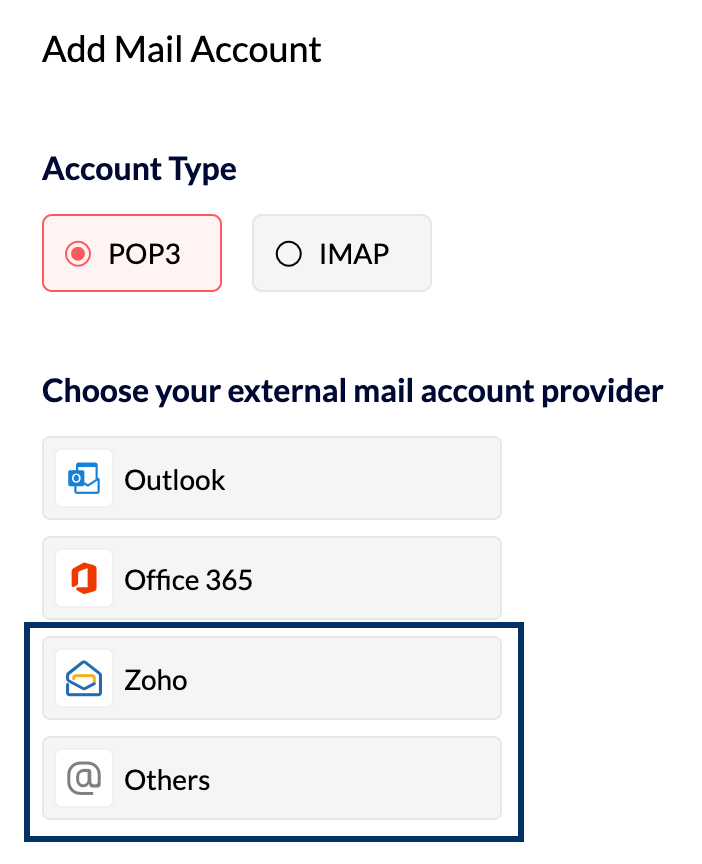 Selecionar provedor de conta de e-mail externo