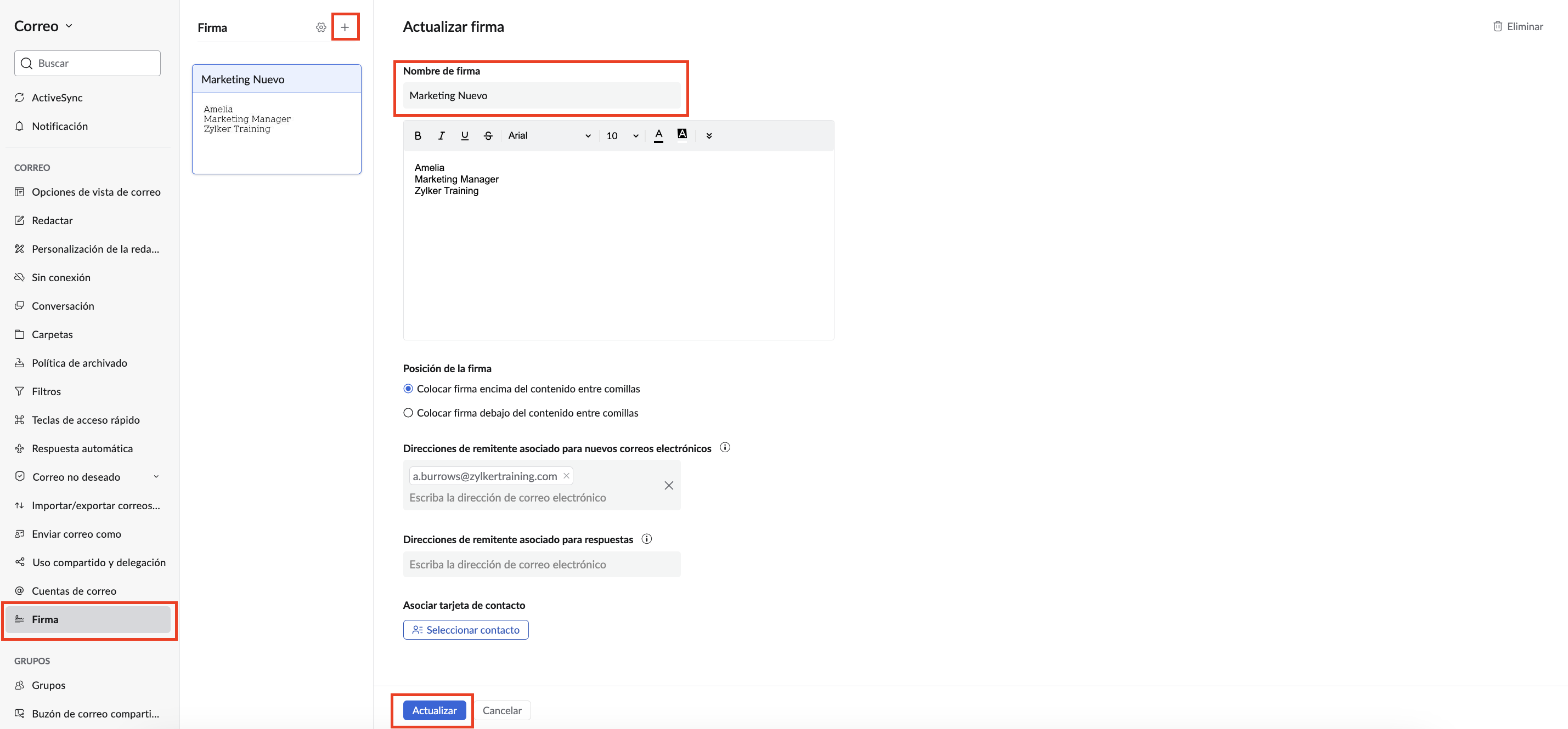 Configurações de assinatura de e-mail