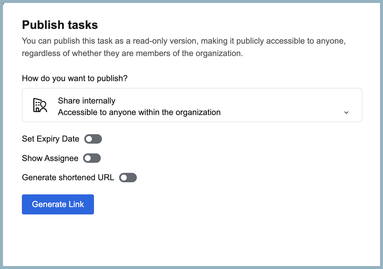 Publish tasks pop-up Publish tasks pop-up