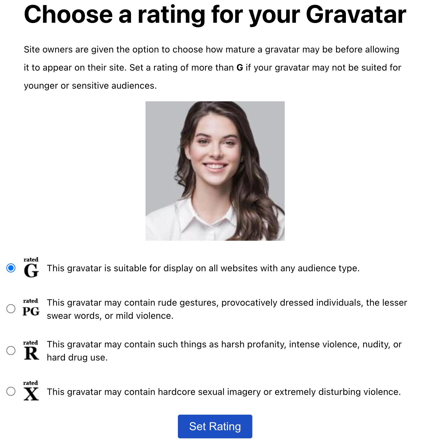 Calificación de imágenes de Gravatar