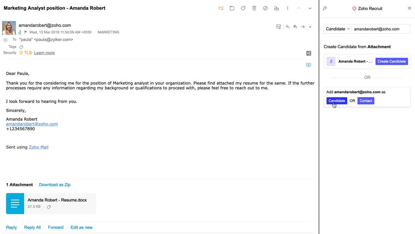 Adding an email sender in Zoho Mail as a Zoho Recruit candidate