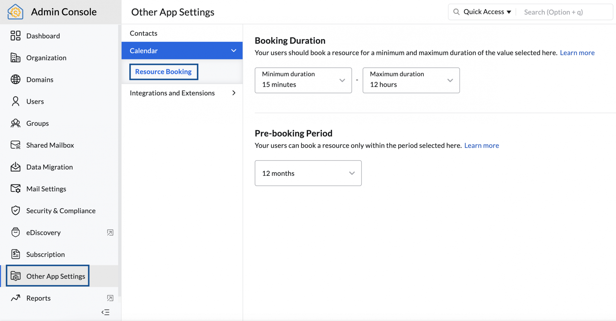 resource booking admin settings