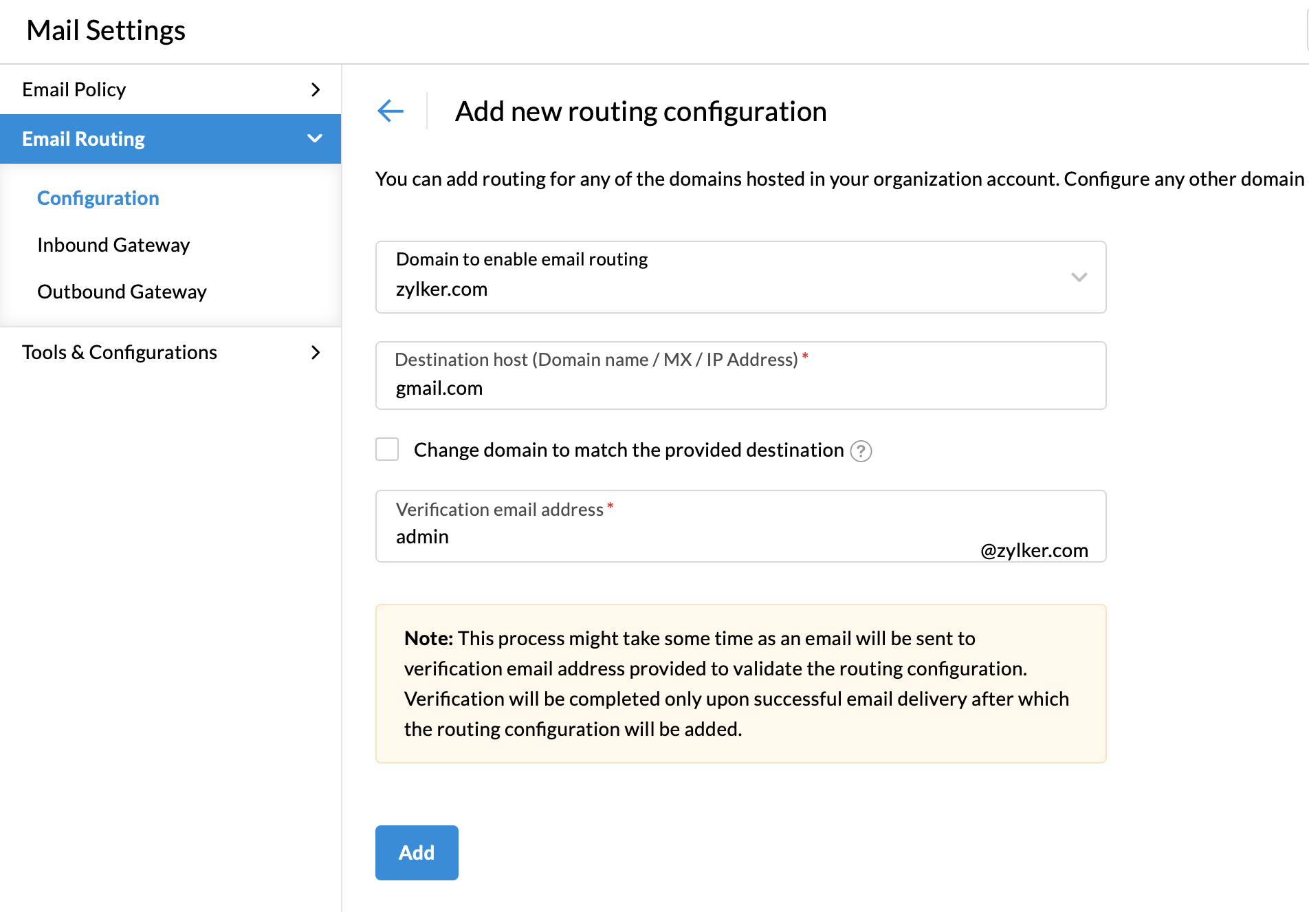 configurer l'adresse de destination