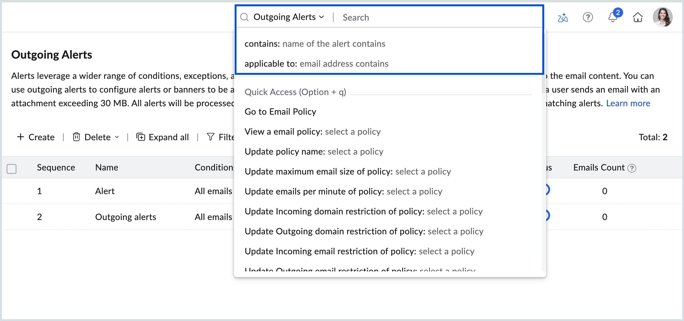 search outgoing alerts