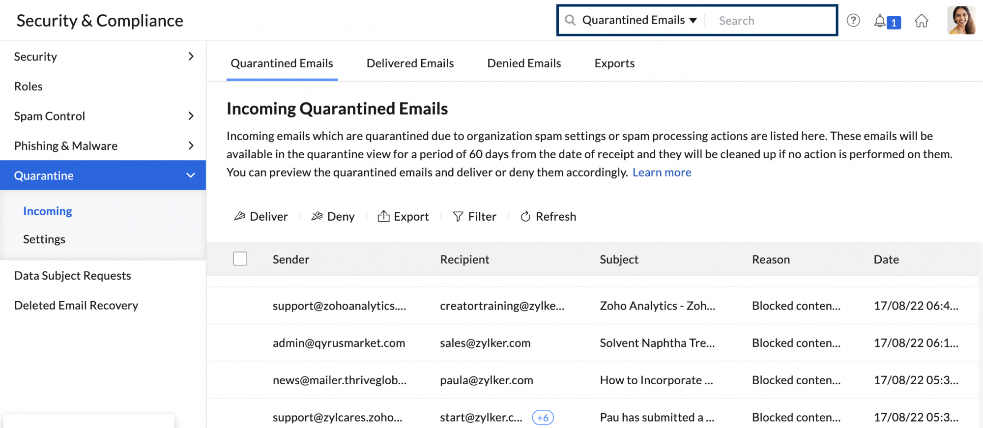 quarantined emails