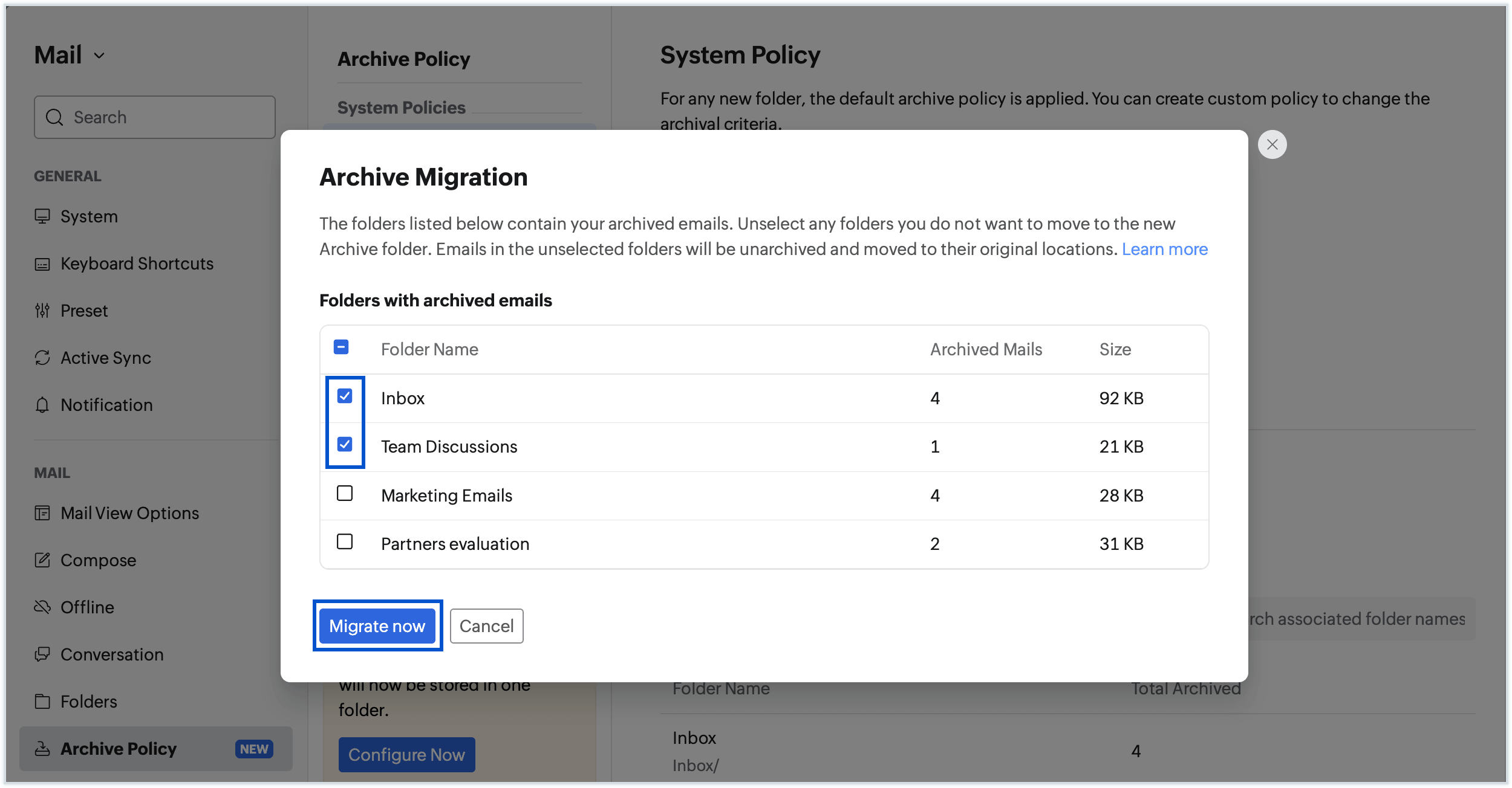 Select folders to migrate
