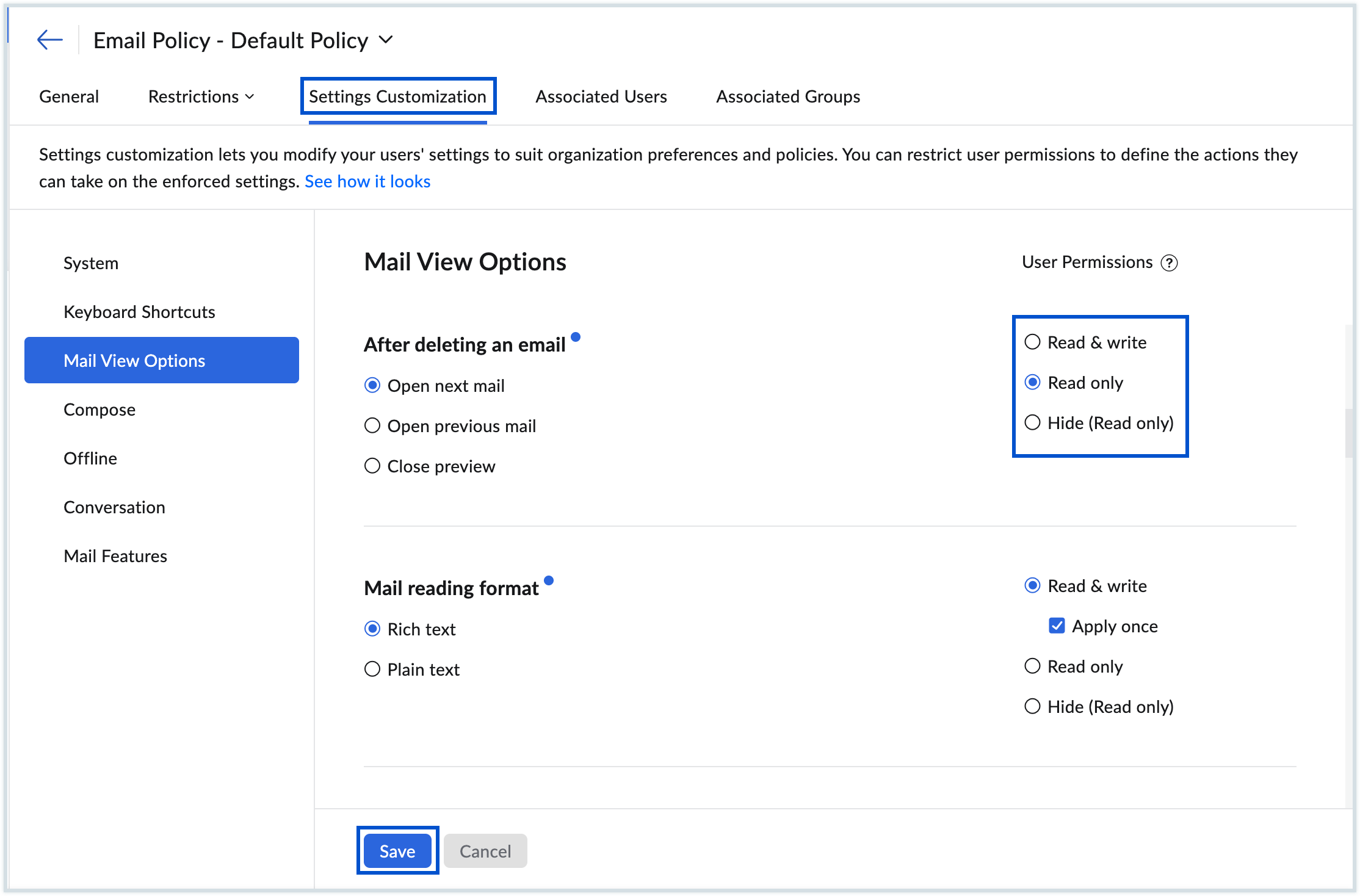 Settings customization
