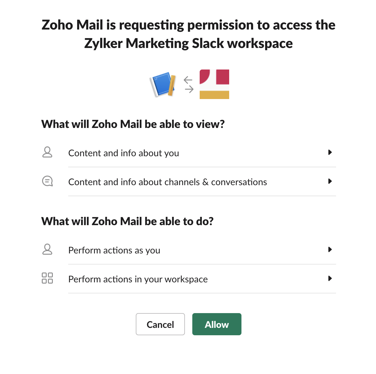 Agreeing to integrate Slack with Zoho Mail