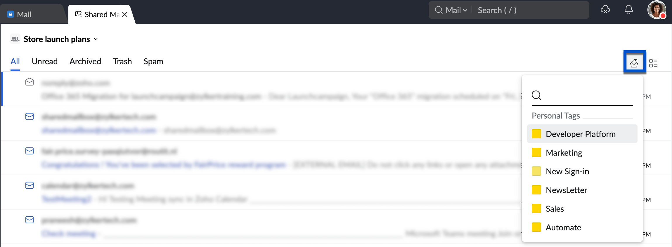 Filter emails by tags