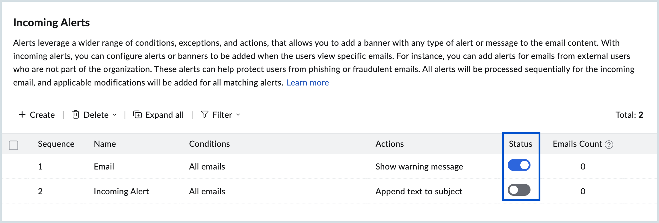 Enable or disable incoming alerts