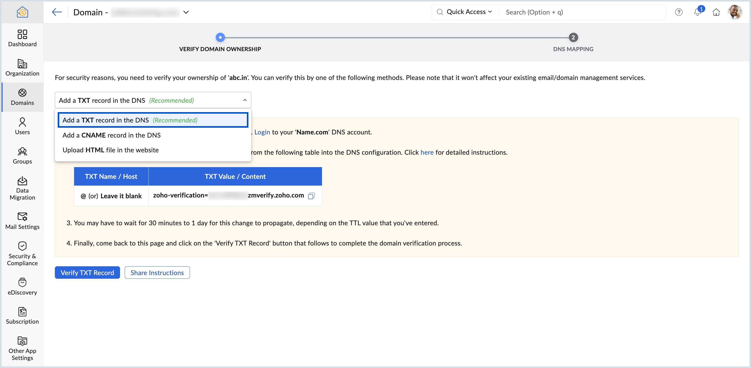Domain Verification by TXT Method TXT method