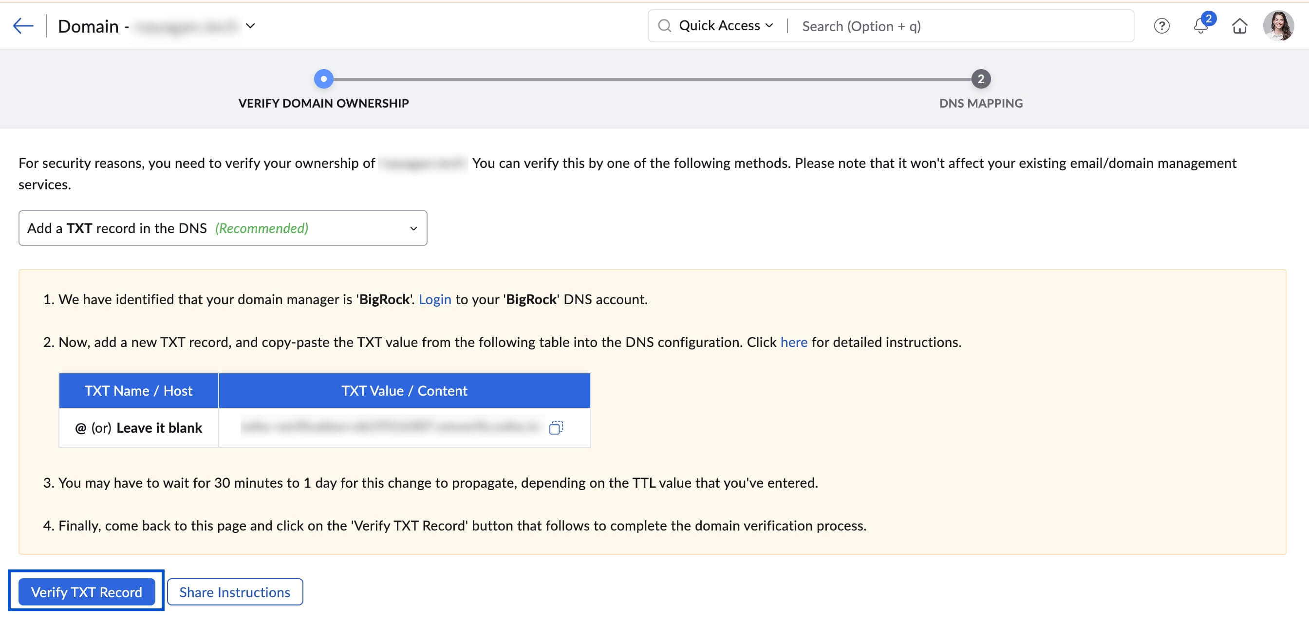 Verify TXT record Verify TXT record