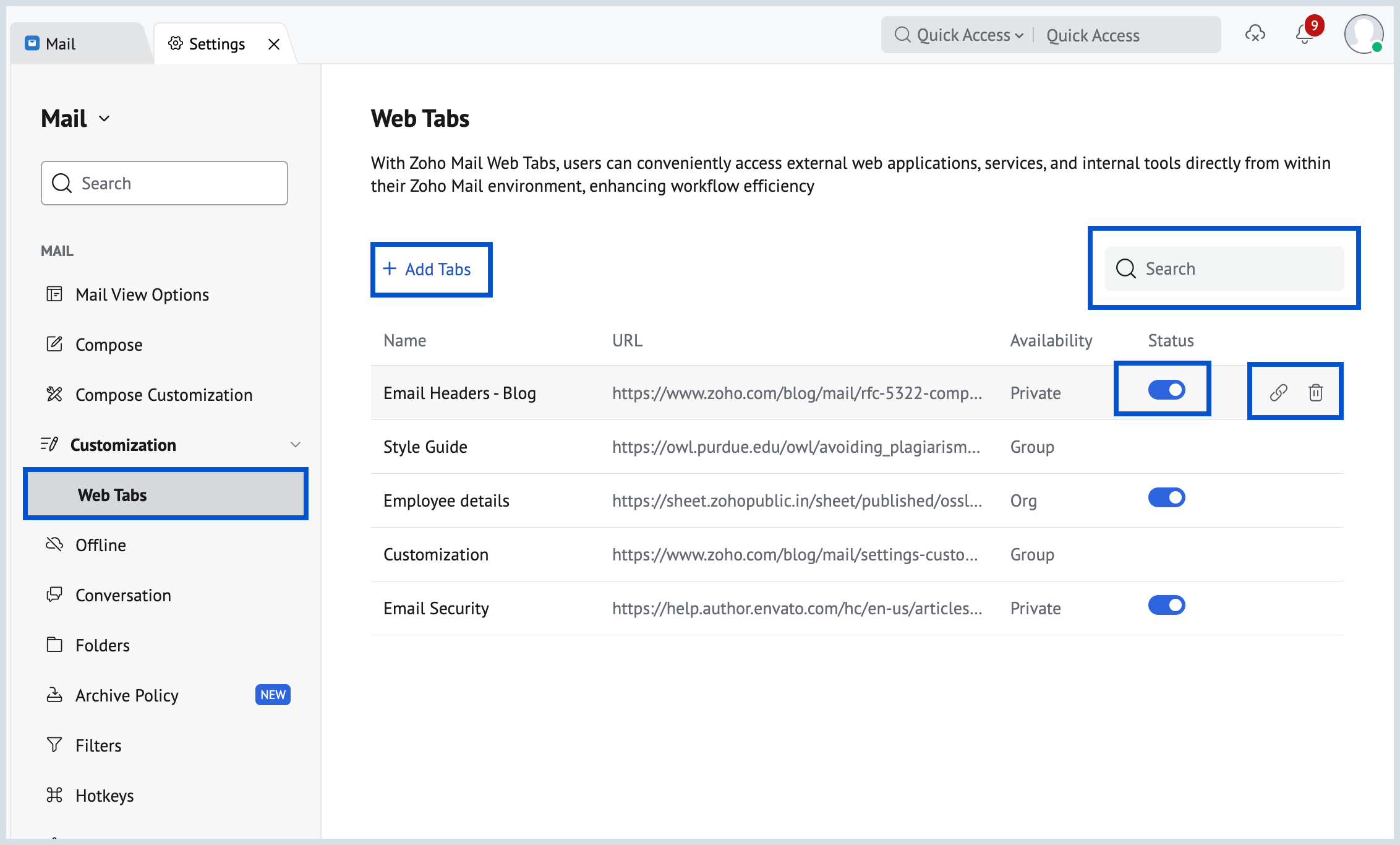Web Tab Settings Web Tab Settings