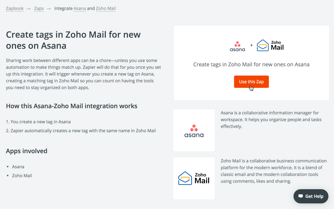 Asana integration with Zoho Mail