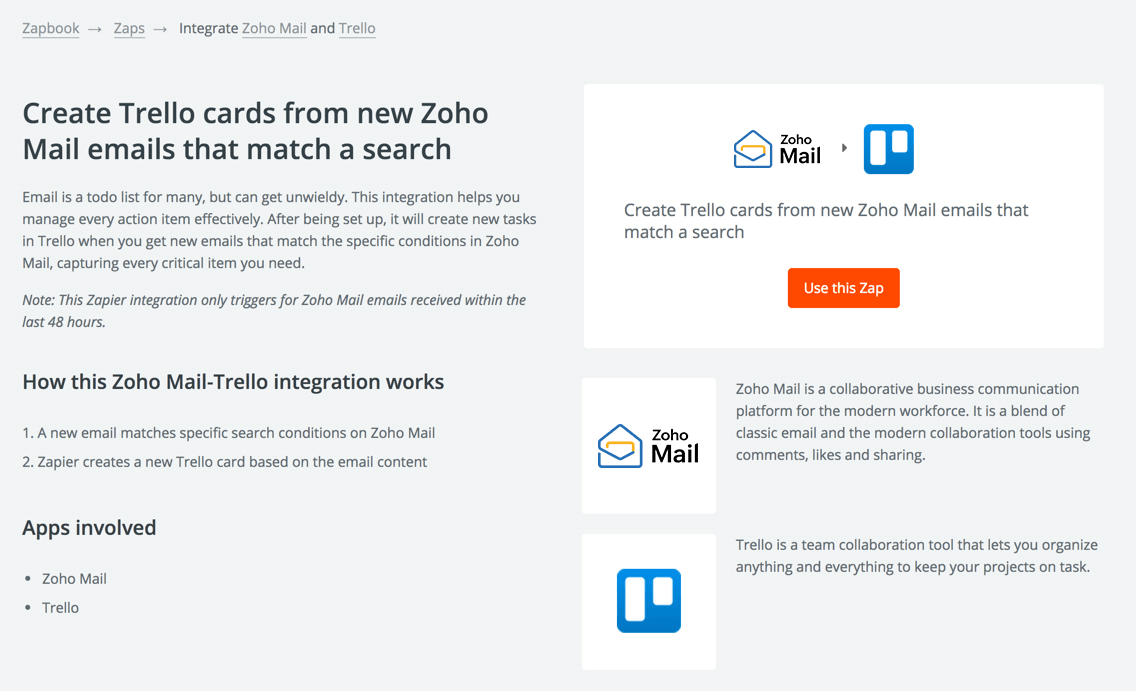 Zoho Mail and Trello integration