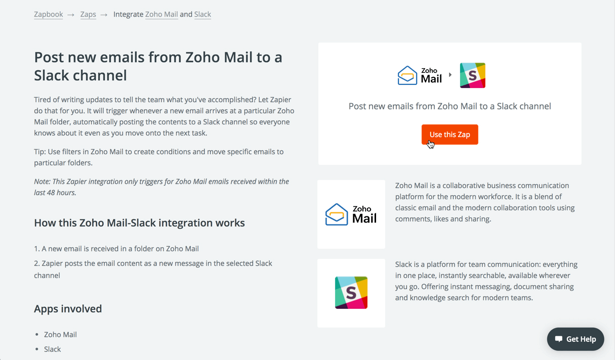 Slack integration with Zoho Mail