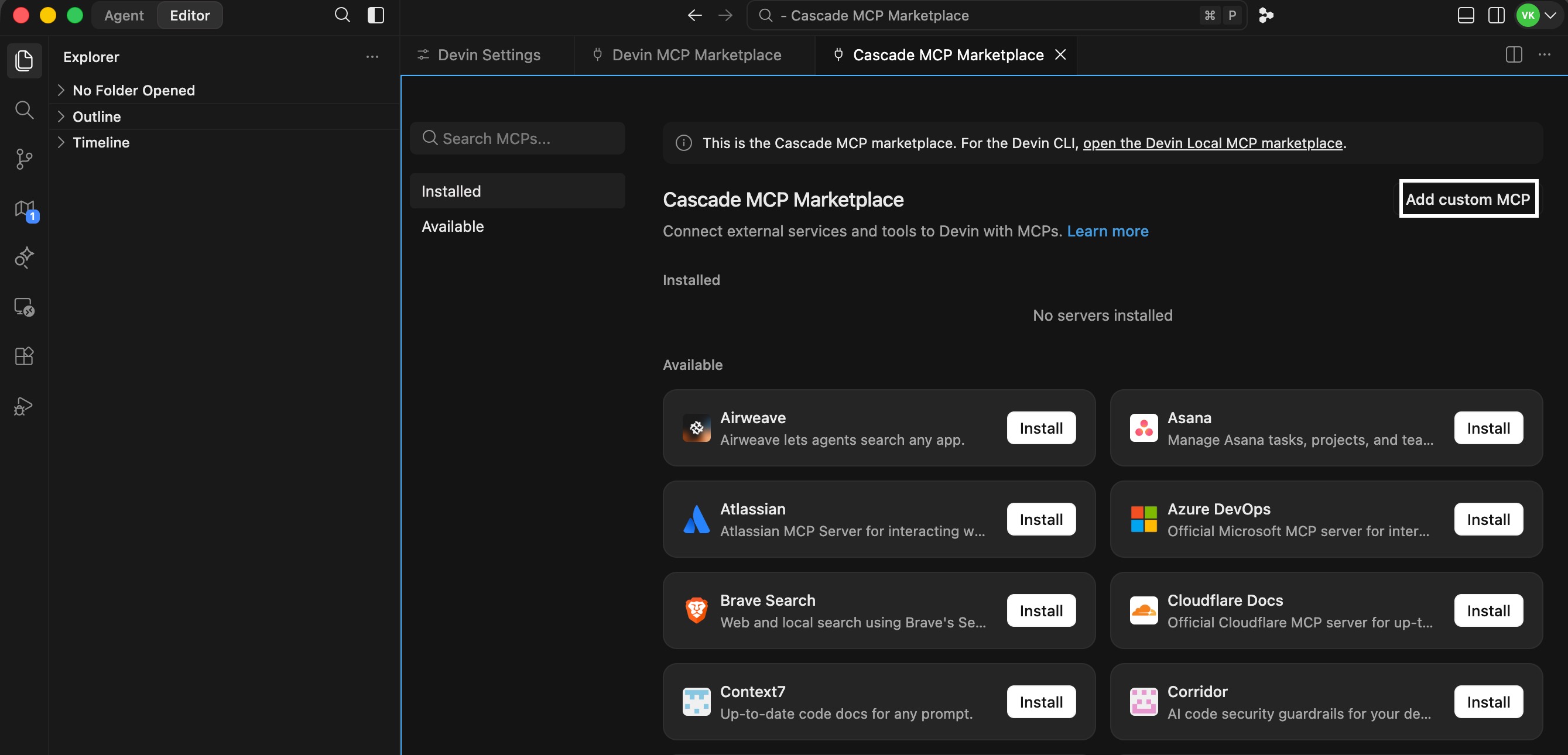 Add Custom MCP in Cascade marketplace Add Custom MCP in Cascade marketplace