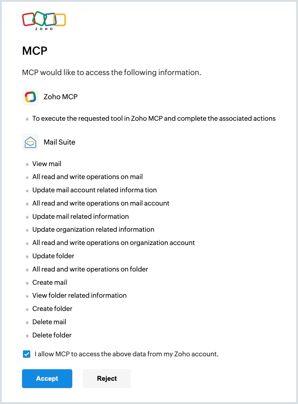 Zoho Personal account OAuth screen Zoho Personal account OAuth screen