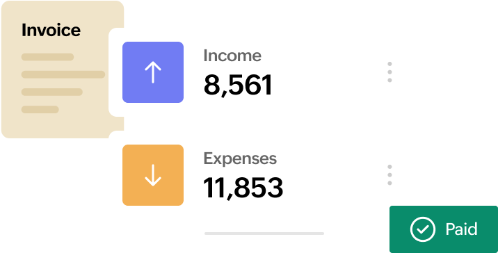 A finance tool that shows the Income - 8561, Expenses - 11853, Invoice and if they are paid