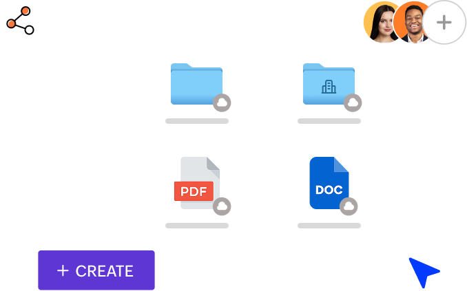 A file organizing and data management tool that showcases the different storage spaces and folders - doc and PDFs + create