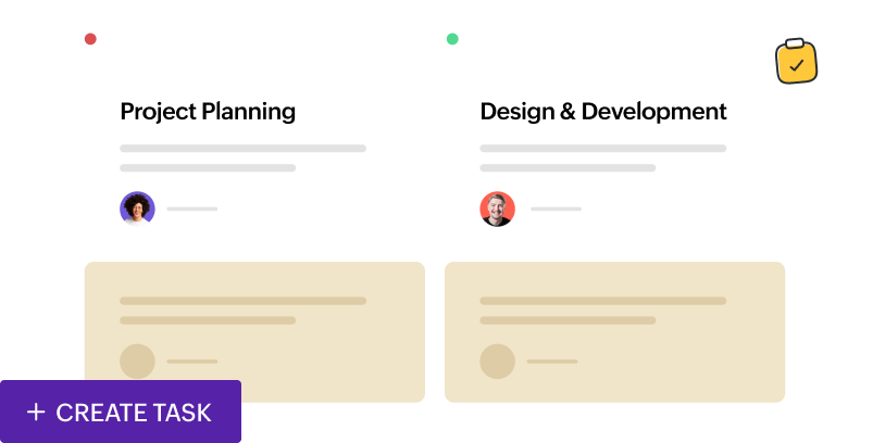 A Kanban report from a project management tool 'backlog' - 'project planning' 'in progress' - 'design and development' along with a 'create new task' button