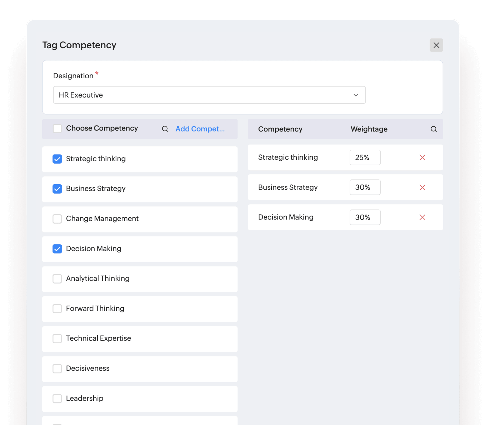 Competencies feature interface