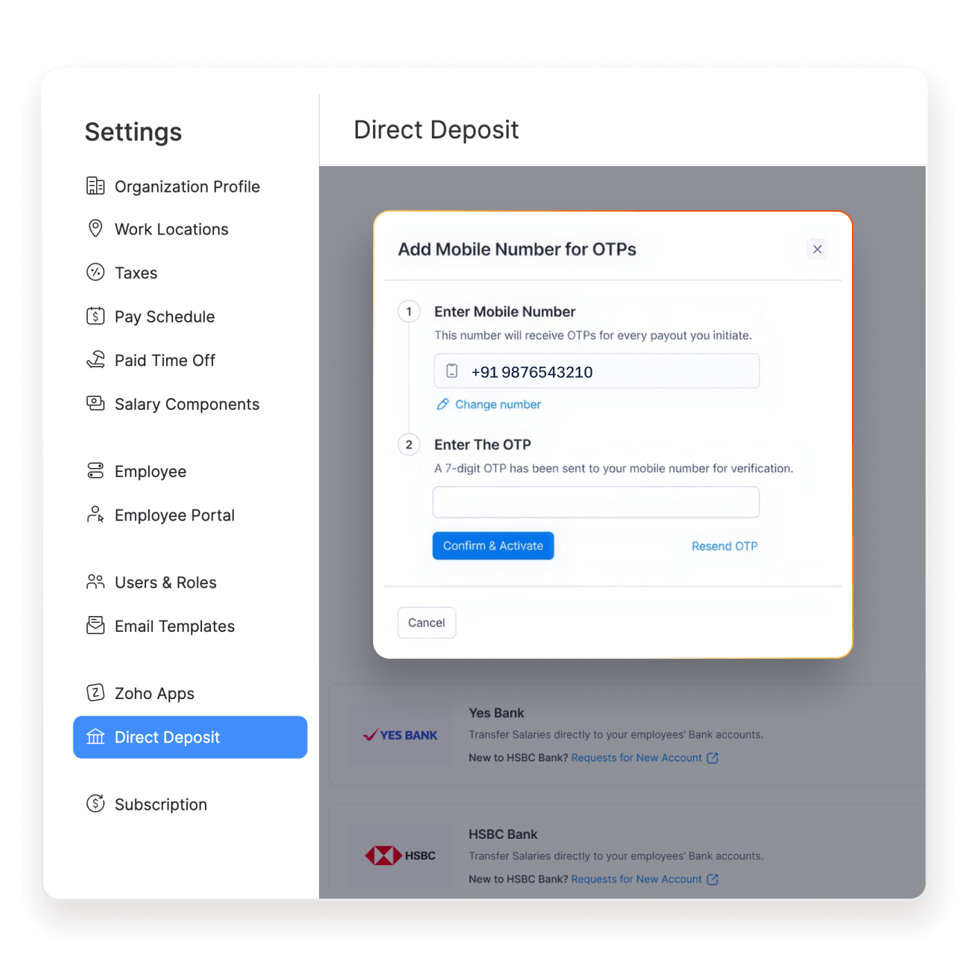 Direct deposits in Zoho People Plus