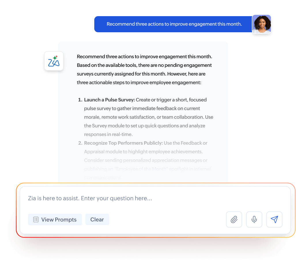 Zia recommending actions to improve employee engagement in Zoho People Plus