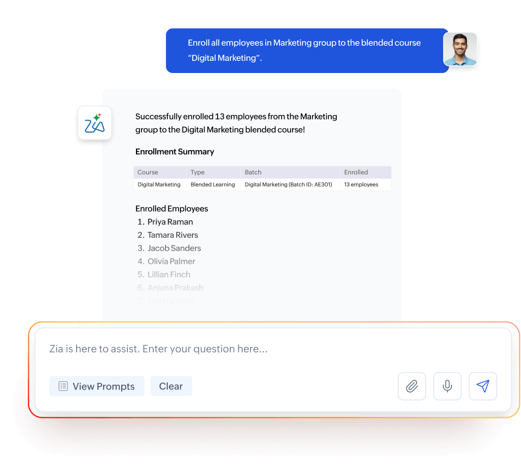 Zia enrolling employees in a blended learning course in Zoho People Plus